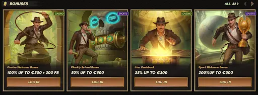 Übersicht mit mehreren Bonuskarten im Bonusbereich, die Willkommensangebote, Reload-Boni und Cashback anzeigen, klar strukturiert im Design des sankra online casino mit getrennten Casino- und Sportaktionen