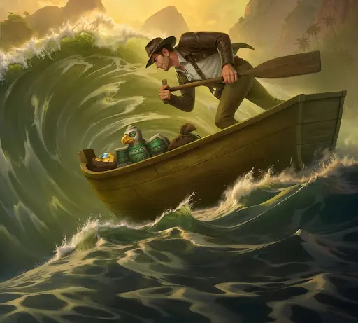 Abenteurer kämpft mit einem Ruder in einem kleinen Boot gegen eine gewaltige grüne Welle, schützt eine Statue und Beute, Sinnbild für Risiko, Timing und Chancen im casino sankra