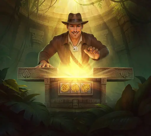 Abenteurer beugt sich lächelnd über einen leuchtenden Tempelaltar, aus dem goldenes Licht strömt, umgeben von Dschungelpflanzen, antiken Symbolen und einer geheimnisvollen Atmosphäre des casino sankra