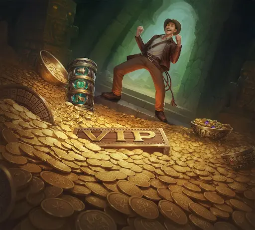 Abenteurer jubelt in einer geheimen Tempelkammer über einem Berg aus Goldmünzen, ein VIP-Schild liegt im Vordergrund, während Schatzsymbole und Belohnungen die exklusive Atmosphäre im casino sankra unterstreichen