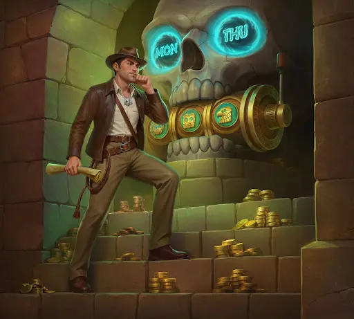 Abenteurer steht nachdenklich vor einem steinernen Totenkopf mit leuchtenden Augen und mechanischem Drehzylinder, umgeben von Goldmünzen, Symbolen und einer geheimnisvollen Tempelmechanik im Stil des sankra online casino