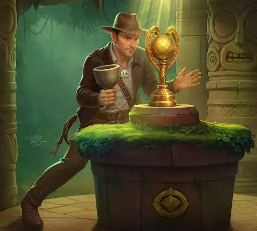 Ein Abenteurer im Dschungeltempel untersucht vorsichtig einen goldenen Pokal auf einem moosbewachsenen Altar, hält eine steinerne Schale bereit und symbolisiert Entdeckung, Fokus und Belohnung im sankra online casino