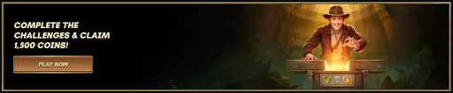 Breiter Aktionsbanner mit Abenteurer am leuchtenden Altar, Hinweis auf abgeschlossene Herausforderungen und 1.500 Münzen als Belohnung im sankra online casino mit klarer Call-to-Action-Schaltfläche
